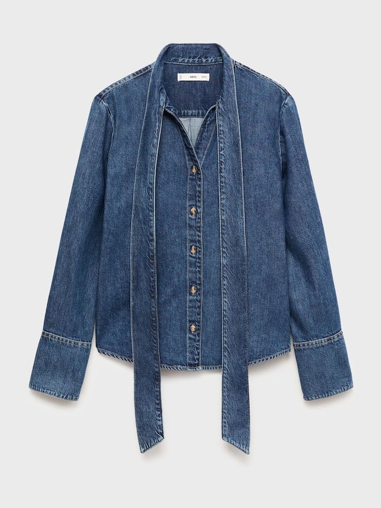 Mango Blue Denim Shirt With Bow - Image 6 of 6