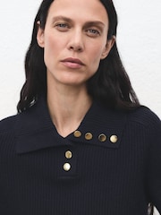 Mango Blue Ribbed Long Sleeve Polo Jumper - Image 4 of 6