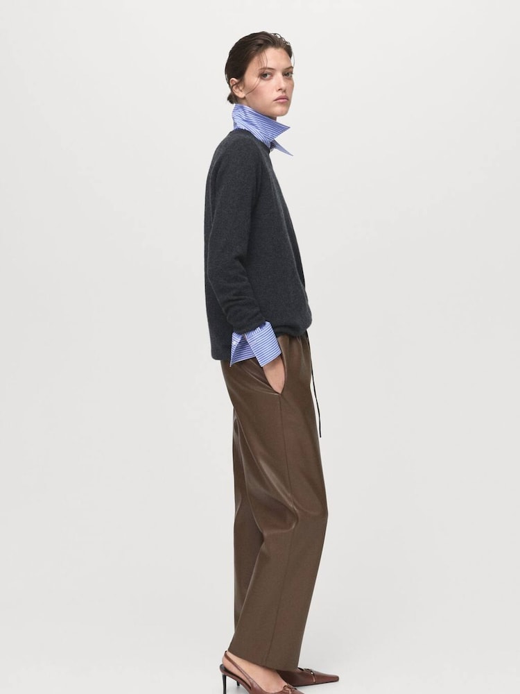 Mango Brown Leather-Effect Elastic Waist Trousers - Image 1 of 6