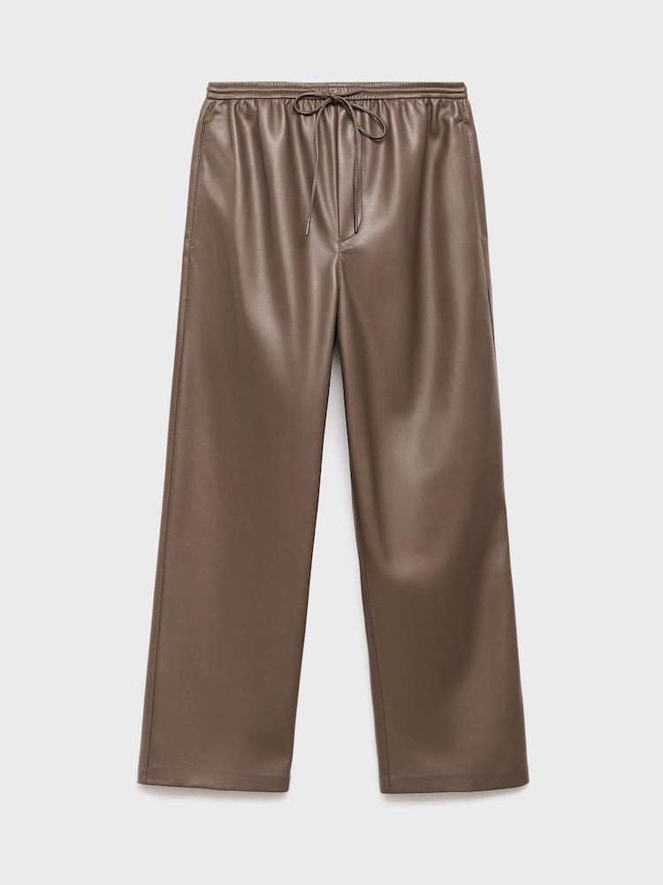 Buy Mango Brown Leather-Effect Elastic Waist Trousers from the