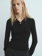 Mango Black Ribbed Sweater With Jewel Button - Image 3 of 6