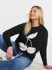 Simply Be Black Cherry Print Knitted Crew Neck Jumper - Image 1 of 4