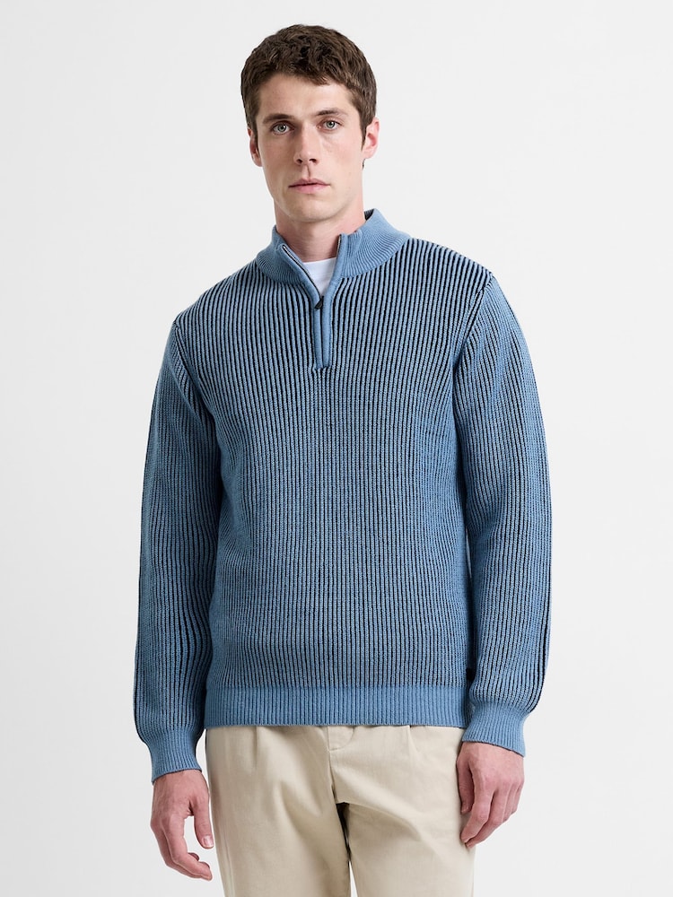 French Connection Blue Cotton Wool Blend Ribbed Knit ¼ Zip High Neck Jumper - Image 1 of 5 French Connection Blue Cotton Wool Blend Ribbed Knit ¼ Zip High Neck Jumper - Image 1 of 5