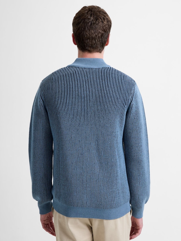 French Connection Blue Cotton Wool Blend Ribbed Knit ¼ Zip High Neck Jumper - Image 2 of 5