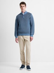 French Connection Blue Cotton Wool Blend Ribbed Knit ¼ Zip High Neck Jumper - Image 3 of 5