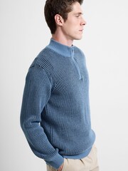 French Connection Blue Cotton Wool Blend Ribbed Knit ¼ Zip High Neck Jumper - Image 4 of 5