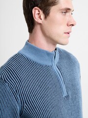 French Connection Blue Cotton Wool Blend Ribbed Knit ¼ Zip High Neck Jumper - Image 5 of 5