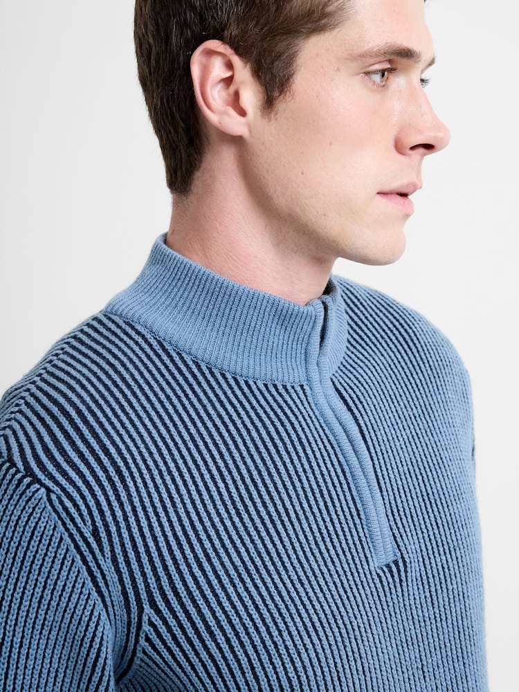 French Connection Blue Cotton Wool Blend Ribbed Knit ¼ Zip High Neck Jumper - Image 5 of 5