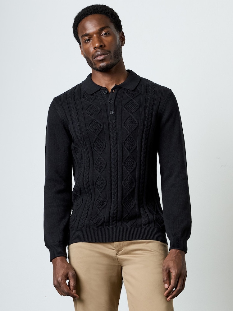 French Connection Black Cotton Nylon Blend Cable Knit Long Sleeve Polo Jumper - Image 1 of 6 French Connection Black Cotton Nylon Blend Cable Knit Long Sleeve Polo Jumper - Image 1 of 6