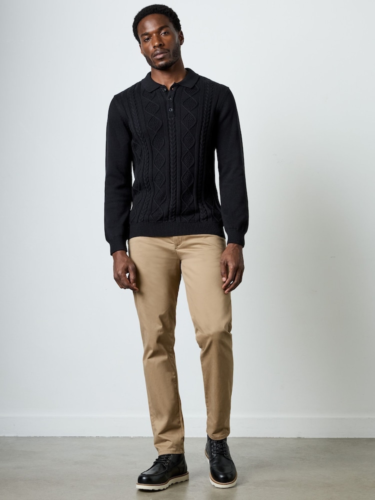 French Connection Black Cotton Nylon Blend Cable Knit Long Sleeve Polo Jumper - Image 2 of 6 French Connection Black Cotton Nylon Blend Cable Knit Long Sleeve Polo Jumper - Image 2 of 6