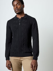 French Connection Black Cotton Nylon Blend Cable Knit Long Sleeve Polo Jumper - Image 3 of 6