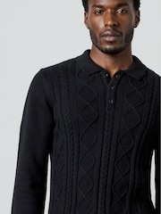 French Connection Black Cotton Nylon Blend Cable Knit Long Sleeve Polo Jumper - Image 5 of 6