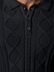 French Connection Black Cotton Nylon Blend Cable Knit Long Sleeve Polo Jumper - Image 6 of 6