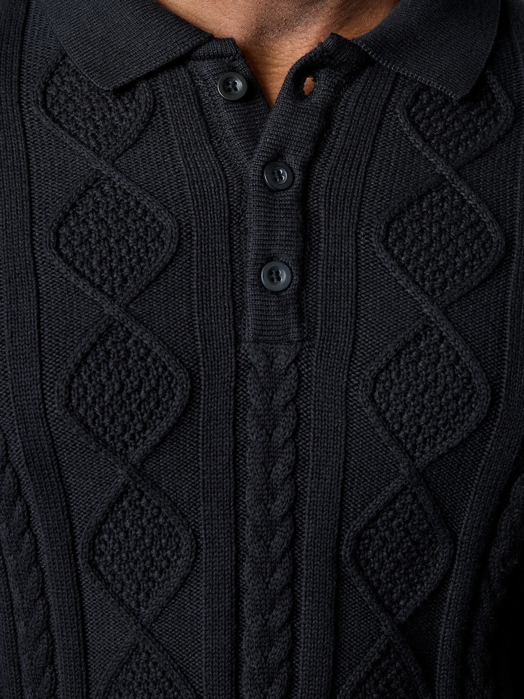 French Connection Black Cotton Nylon Blend Cable Knit Long Sleeve Polo Jumper - Image 6 of 6 French Connection Black Cotton Nylon Blend Cable Knit Long Sleeve Polo Jumper - Image 6 of 6