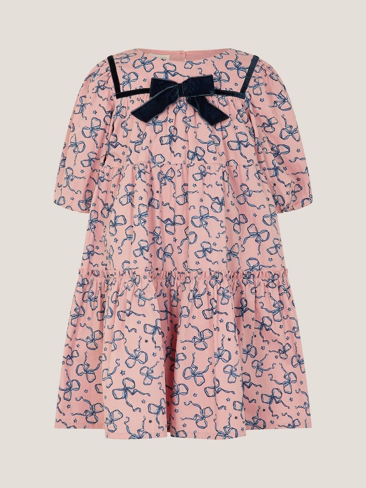 Monsoon Pink Bow Print Tiered Dress - Image 2 of 4 Monsoon Pink Bow Print Tiered Dress - Image 2 of 4