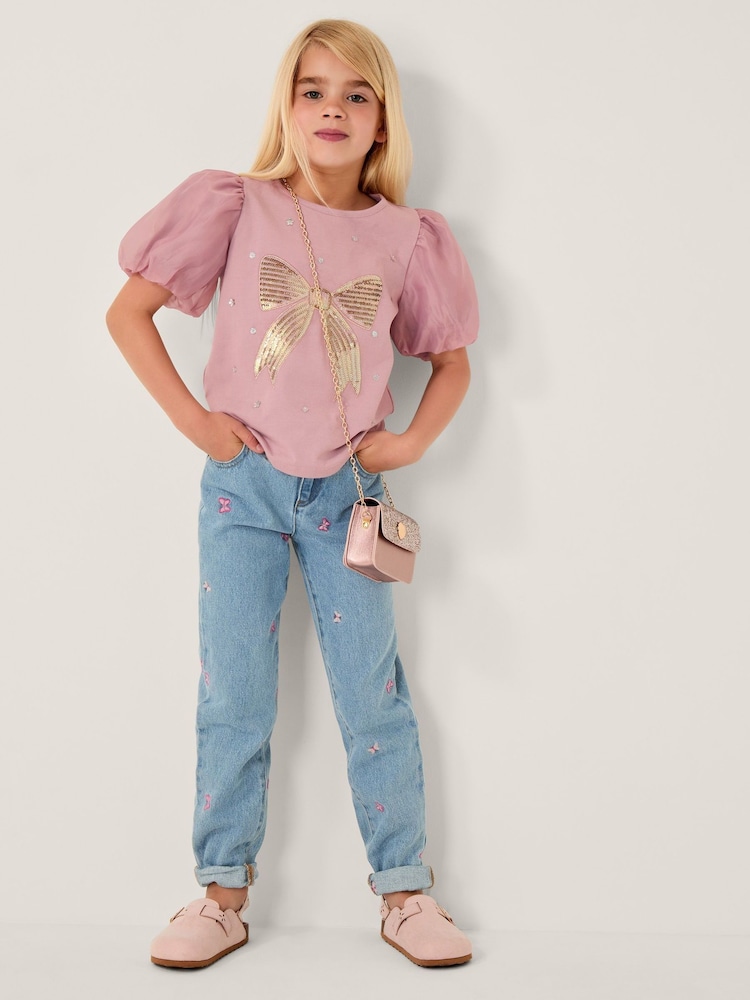 Monsoon Purple Sequin Bow Puff Sleeve T-Shirt - Image 1 of 1 Monsoon Purple Sequin Bow Puff Sleeve T-Shirt - Image 1 of 1