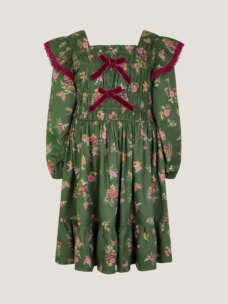 Monsoon Green Butterfly Floral Bow Shirred Dress - Image 2 of 4 Monsoon Green Butterfly Floral Bow Shirred Dress - Image 2 of 4