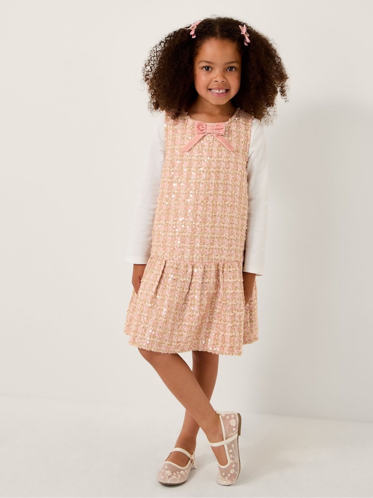 Monsoon Pink Tweed Bow Sleeveless Pinafore Dress - Image 1 of 4