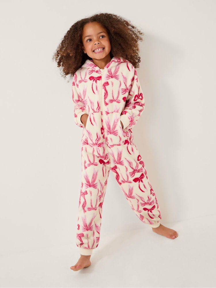 Monsoon Cream Bow Print Fleece Onesie - Image 1 of 2