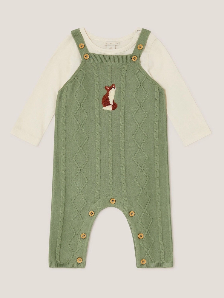 Monsoon Green Newborn Fox Cable Knit Dungarees Set - Image 1 of 3