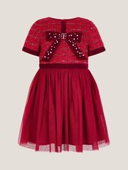 Monsoon Red Bow Embellished Tweed Party Dress - Image 1 of 3