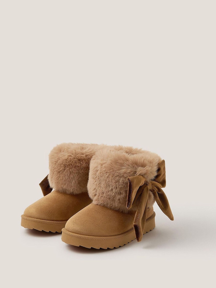 Monsoon Brown Bow Faux Fur Suedette Ankle Boots - Image 2 of 3