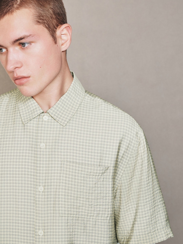 Ecru Micro - Check Short Sleeve Shirt - 8的图像1｝