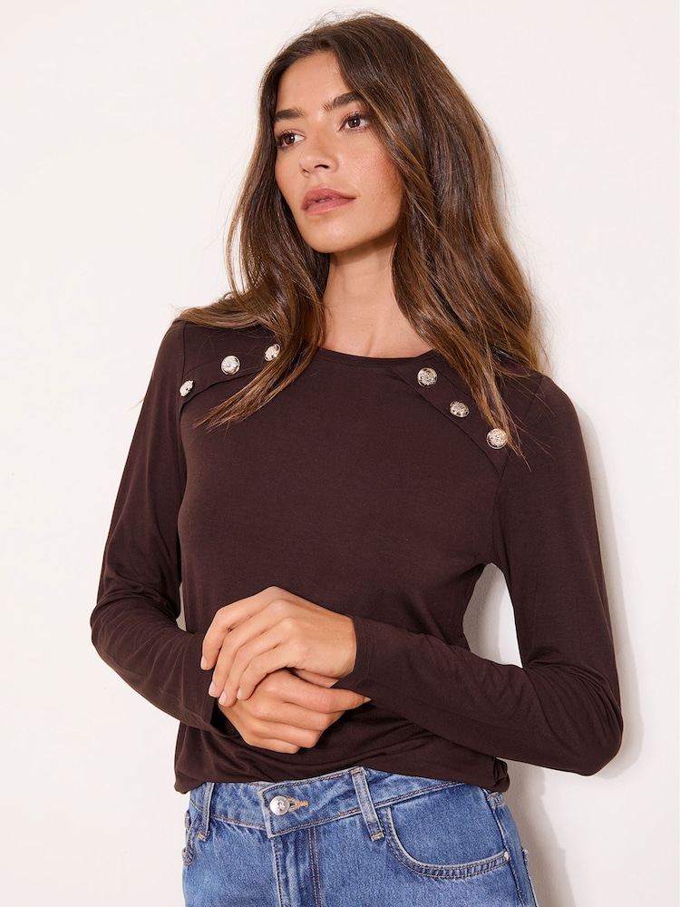 Chocolate marrom - Blusa Lipsy Jersey Militar de Manga Longa com Botões - Imagem 1 de 4