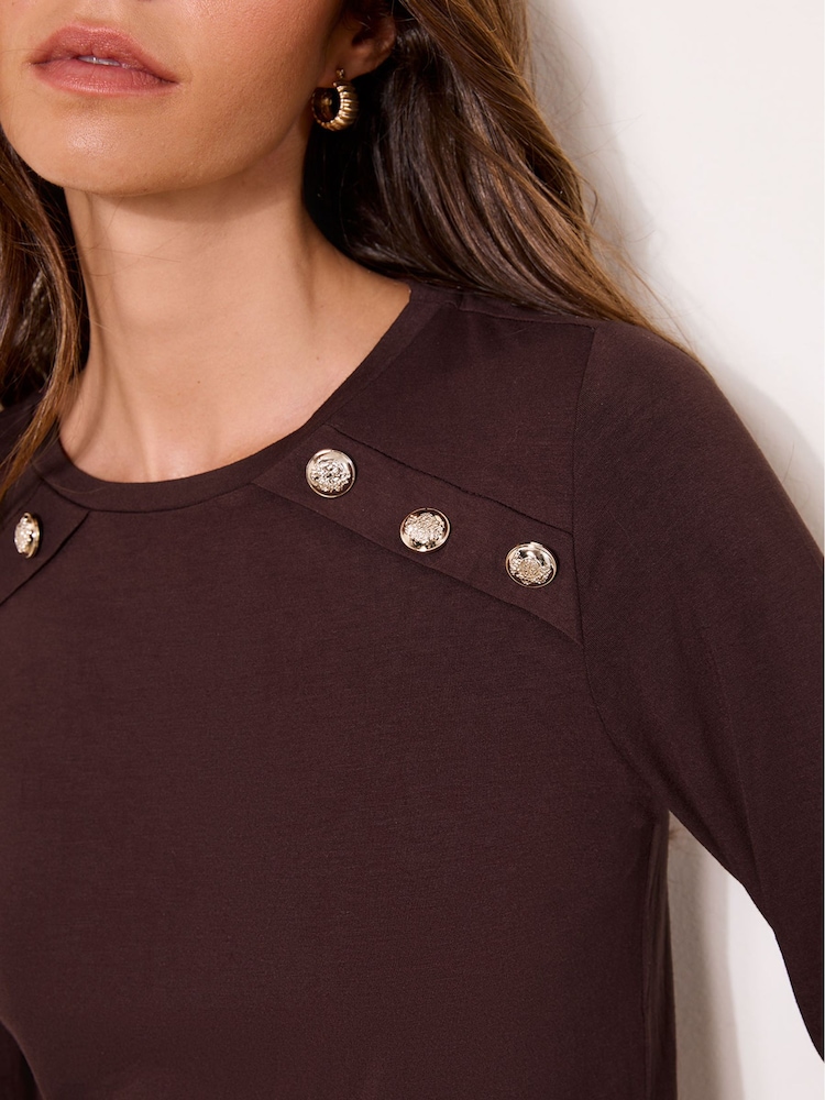 Chocolate marrom - Blusa Lipsy Jersey Militar de Manga Longa com Botões - Imagem 2 de 4