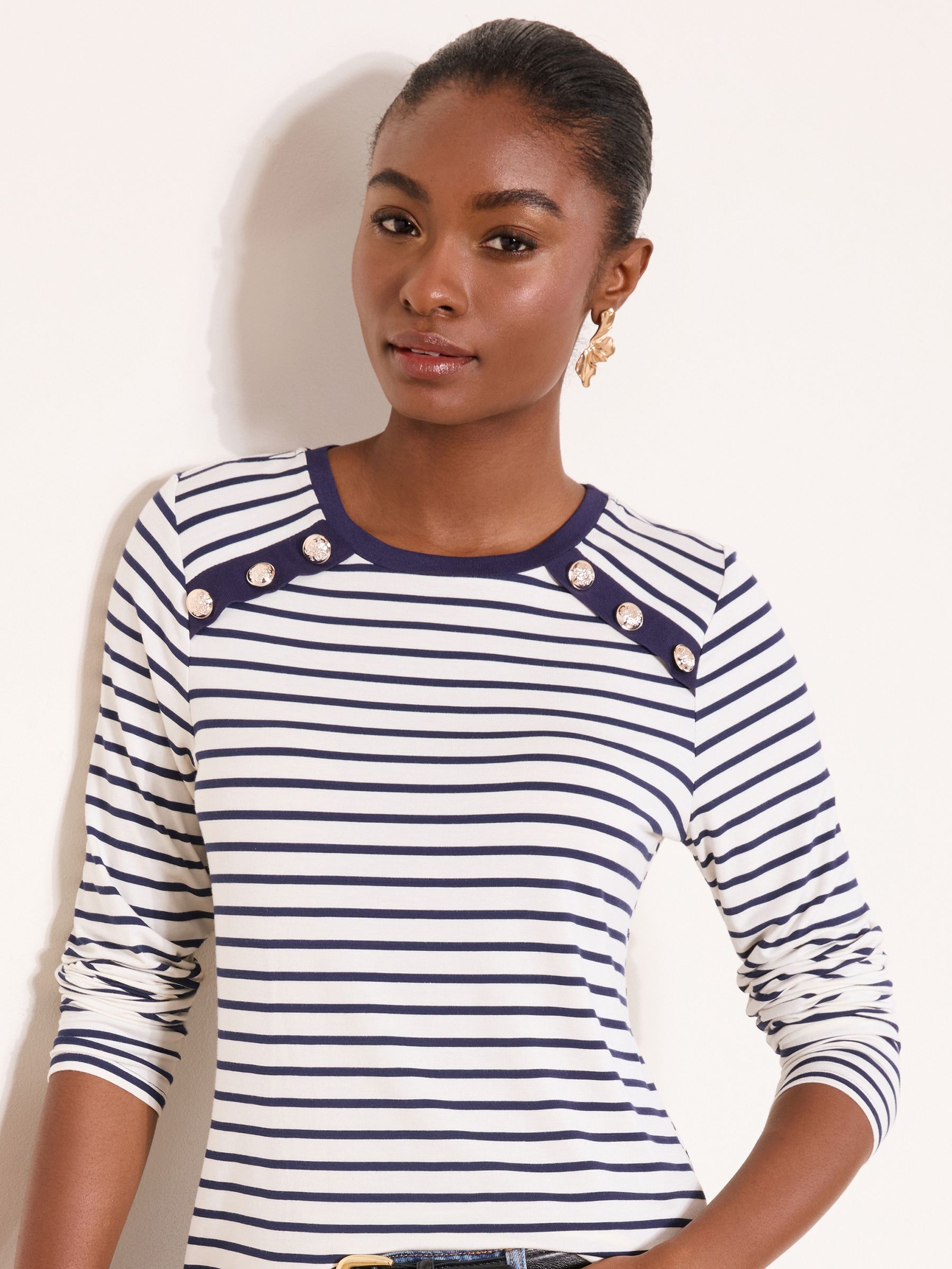 Buy Lipsy White Stripe Jersey Military Button Long Sleeve Top from