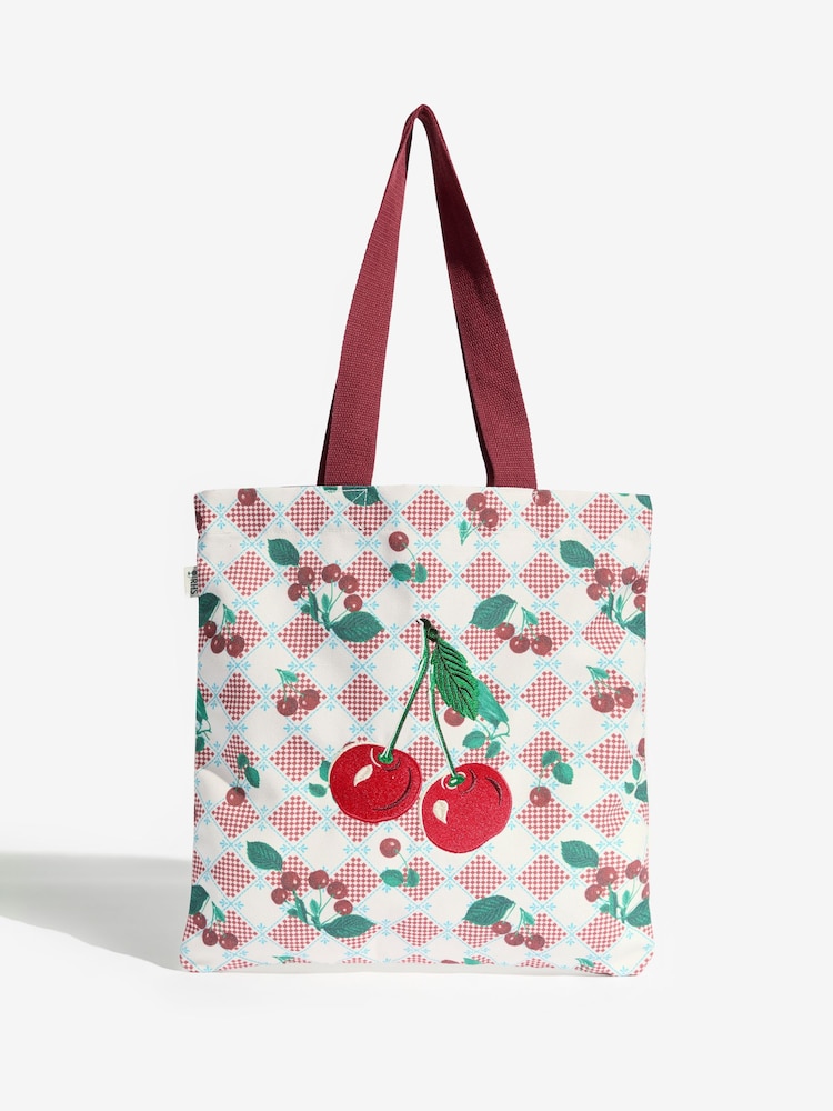 Love & Roses Red Cherry Printed Canvas Tote Bag - Image 1 of 7