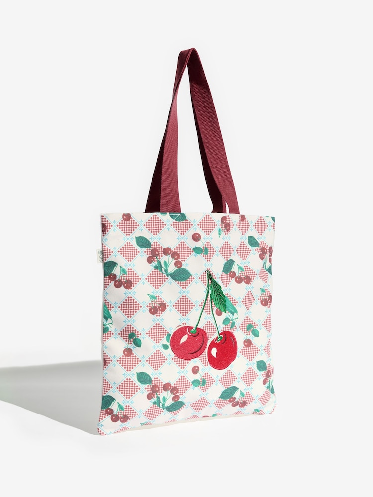 Love & Roses Red Cherry Printed Canvas Tote Bag - Image 2 of 7