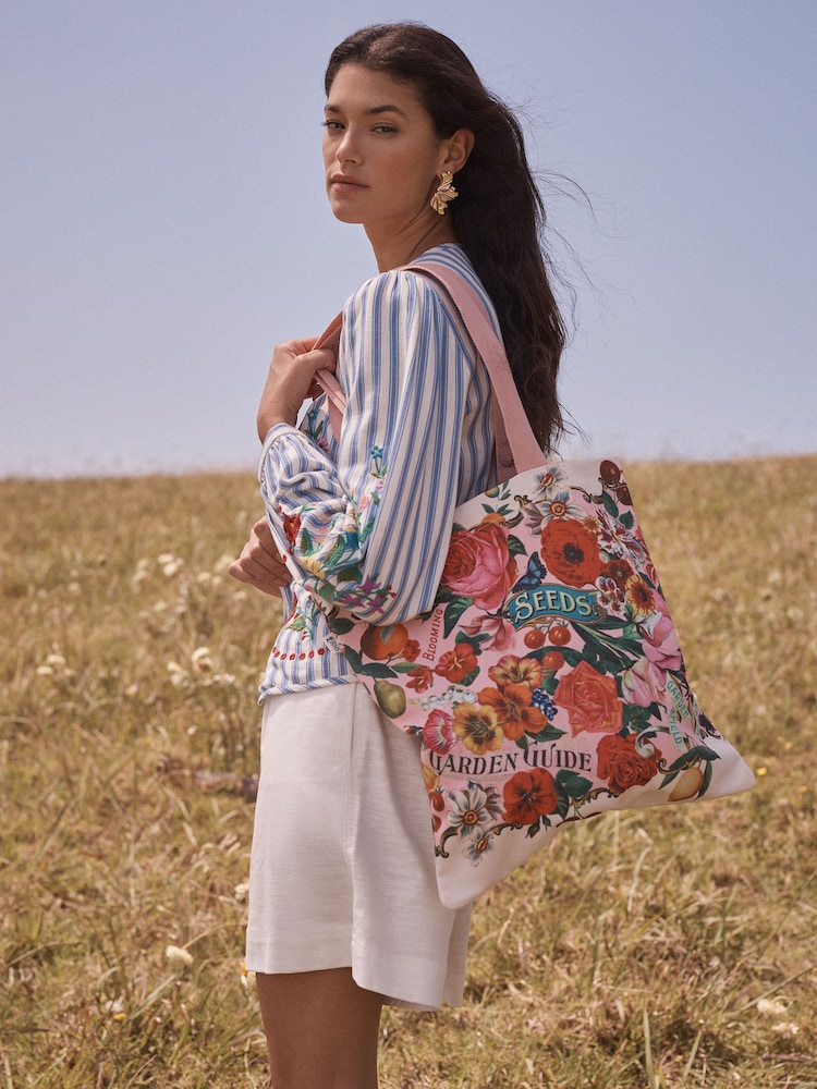 Love & Roses Pink Floral Printed Canvas Tote Bag - Image 2 of 8