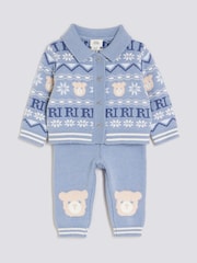 River Island Blue Baby Boys Bear Fairisle Cardigan Set - Image 1 of 5