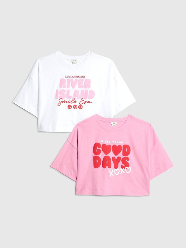 River Island Pink Girls Waistband Crop T-Shirts 2 Pack - Image 1 of 3