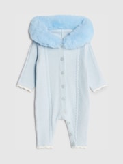 River Island Blue Baby Boys Fur Collar Knitted  All-In-One - Image 1 of 4