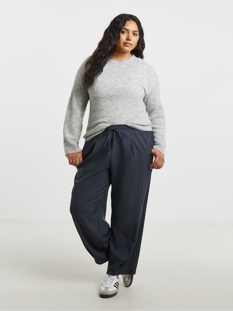 Simply Be Grey Pinstripe Peg Leg Drawstring Trousers - Image 1 of 4 Simply Be Grey Pinstripe Peg Leg Drawstring Trousers - Image 1 of 4