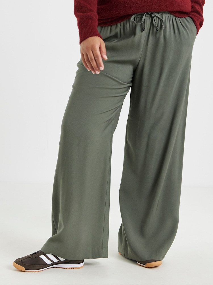 Simply Be Green Twill Drawstring Wide Leg Trousers - Image 1 of 4 Simply Be Green Twill Drawstring Wide Leg Trousers - Image 1 of 4