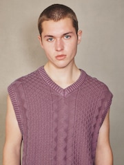 Lilac Purple EDIT Acid Wash Cable Knitted V-Neck Tank - Image 1 of 4
