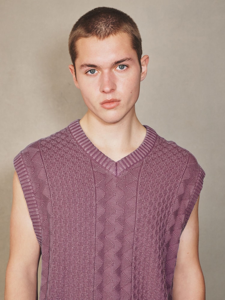 Lilac Purple EDIT Acid Wash Cable Knitted V-Neck Tank - Image 1 of 4