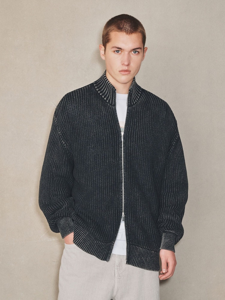 Black Edit Acid Wash Zip-Through Cardigan - Image 1 of 6