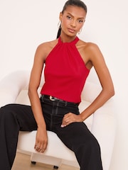Lipsy Red Satin Chiffon Mix Halter Top - Image 1 of 4