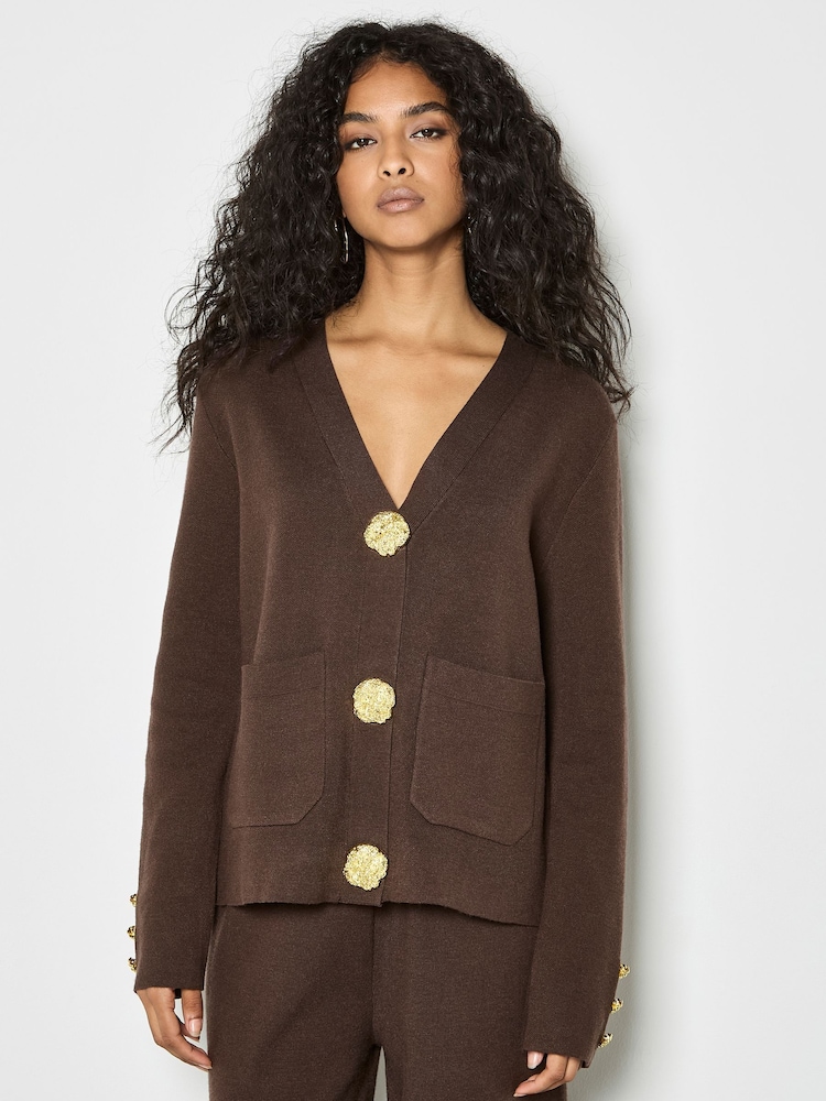 Apricot Brown Hammered Metal Button Cardigan - Image 2 of 5
