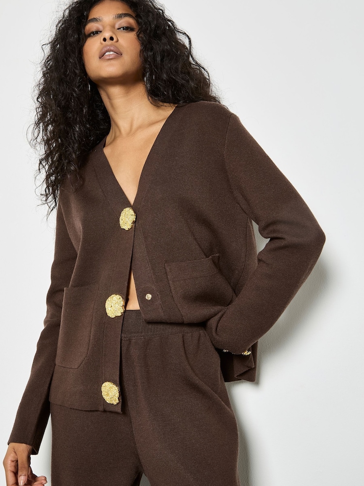 Apricot Brown Hammered Metal Button Cardigan - Image 5 of 5