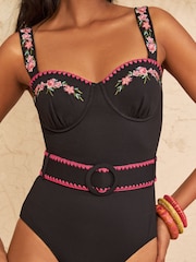 Love & Roses Black Floral Embrodiery Tummy Control Moulded Cup Swimsuit - Image 1 of 5