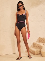 Love & Roses Black Floral Embrodiery Tummy Control Moulded Cup Swimsuit - Image 3 of 5