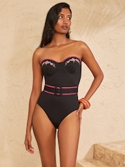 Love & Roses Black Floral Embrodiery Tummy Control Moulded Cup Swimsuit - Image 4 of 5