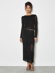 Apricot Black Leaf Corded Lace Midi Skirt - Image 1 of 4