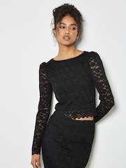 Apricot Black Leaf Corded Lace Midi Skirt - Image 4 of 4