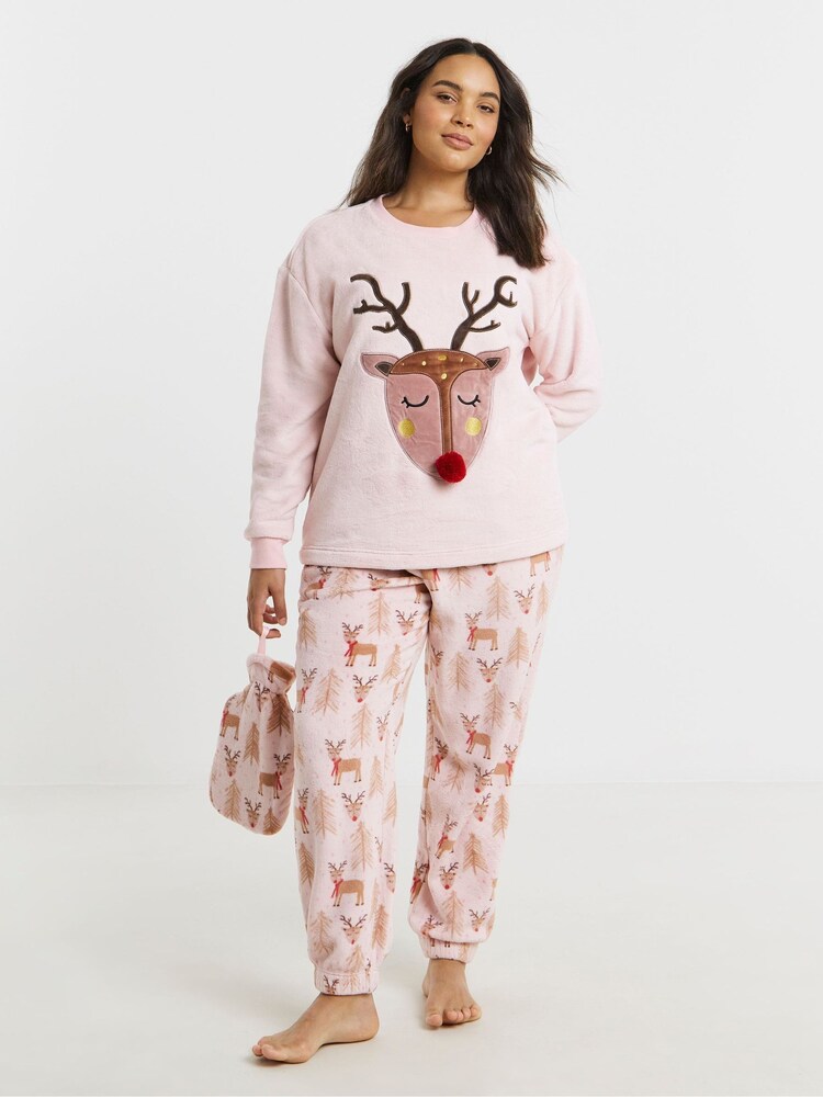 Simply Be Pink Pretty Secrets Giftable Fleece Pyjamas Set With Hot Waterbottle - Image 1 of 4